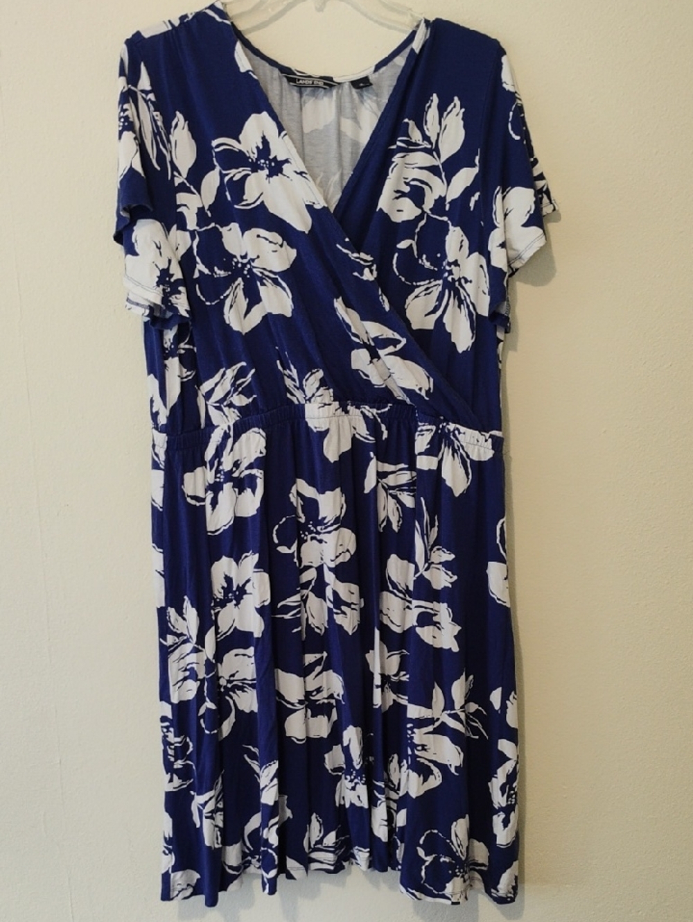 Lands' End Blue and White Floral Wrap-Front Midi Dress Sz XL